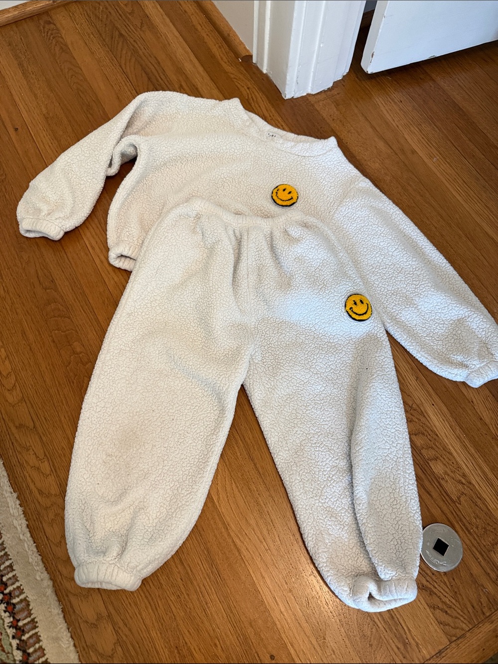Lola + The Boys Cream Sherpa Sweatshirt & Joggers with Yellow Smiley Patches